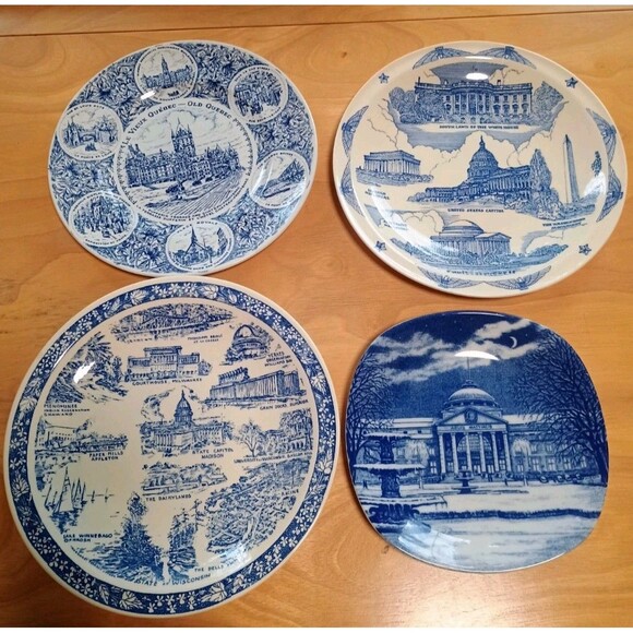 Blue And White Collectors Plates Germany Wisconsin England And WA D.C.